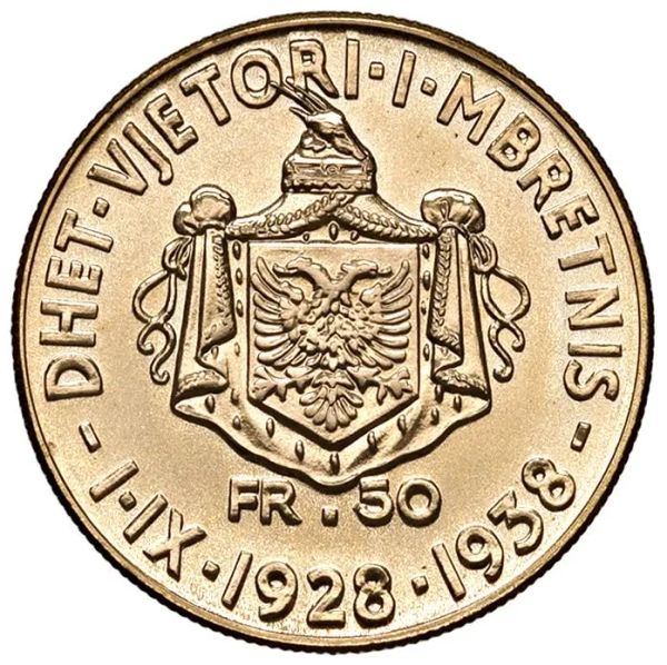 ALBANIA. RIPRODUZIONE IN ORO DEI 50 FRANGA 1938