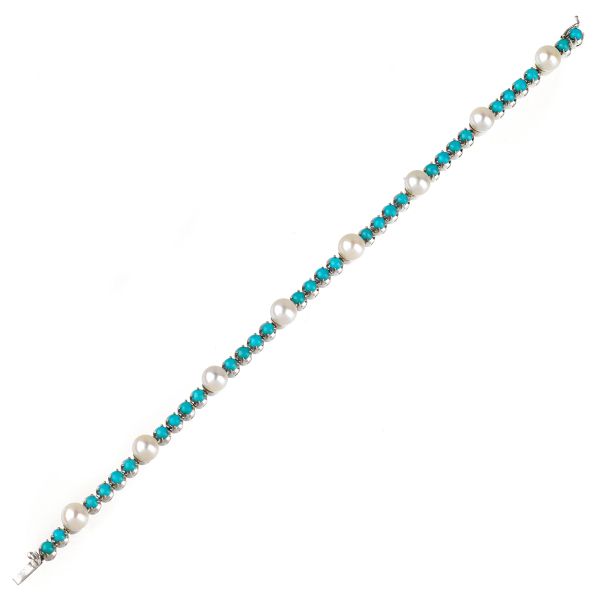 TURQUOISE AND PEARL TENNIS BRACELET IN 18KT WHITE GOLD
