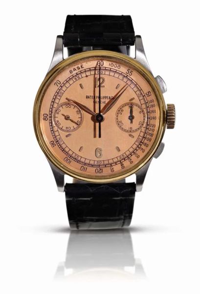 AN EXTREMELY FINE AND RARE STAINLESS STEEL AND 18K PINK GOLD CHRONOGRAPH WRISTWATCH, PATEK PHILIPPE , REF. 130, MOVEMENT NO. 867’038, CASE NO. 630’157, MANUFACTURED IN 1946, WITH PATEK PHILIPPE EXTRACT FROM THE ARCHIVE