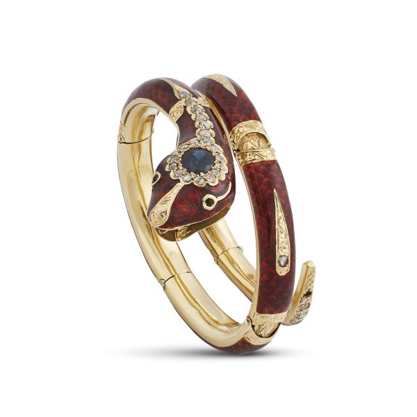 SNAKE-SHAPED MULTI GEM BANGLE IN 18KT YELLOW GOLD AND ENAMELS