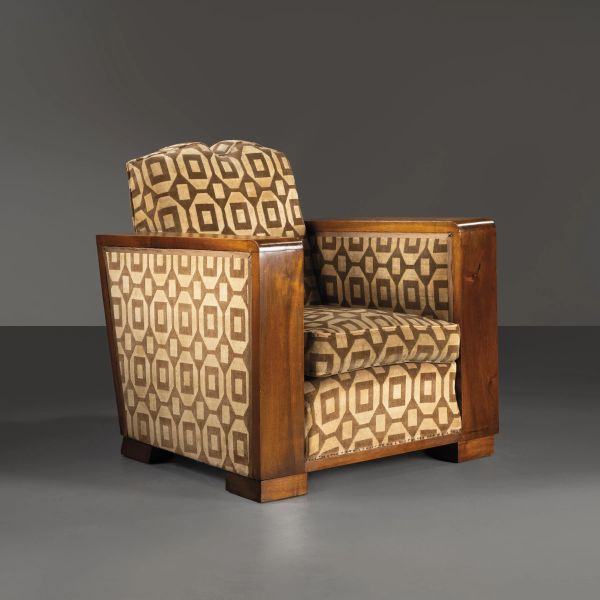 



ARMCHAIR, WOODEN STRUCTURE, BROWN FABRIC UPHOLSTERED