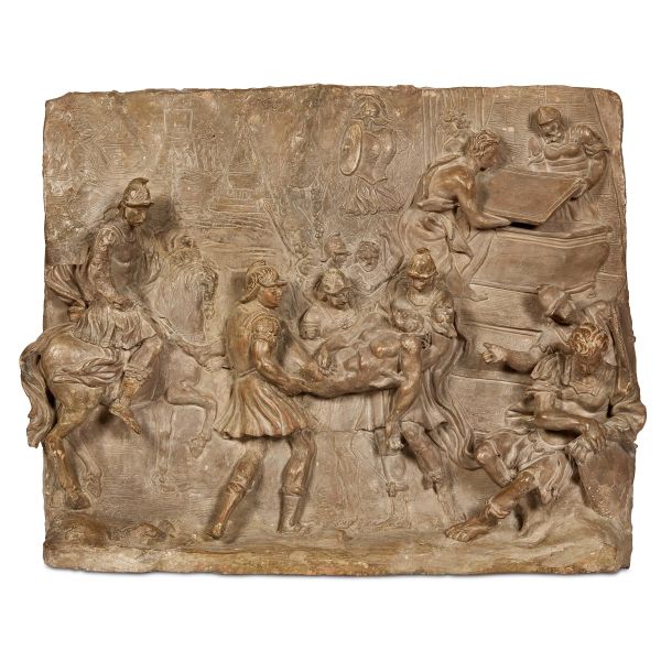 Tuscany, early 18th century, Death of Patroclus, patinated&nbsp; terracotta, 47x57x14 cm