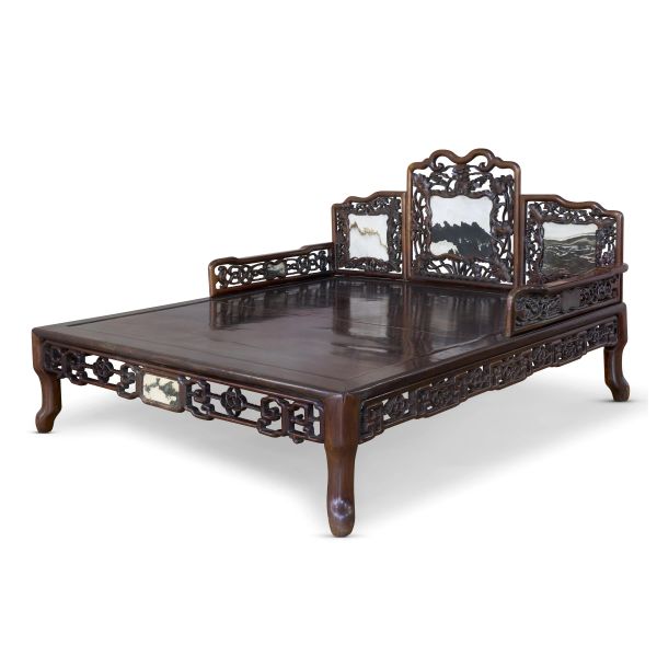 A HARDWOOD OPIUM BED WITH MARBLE INSETS, CHINA, LATE QING DYNASTY, 19TH CENTURY 