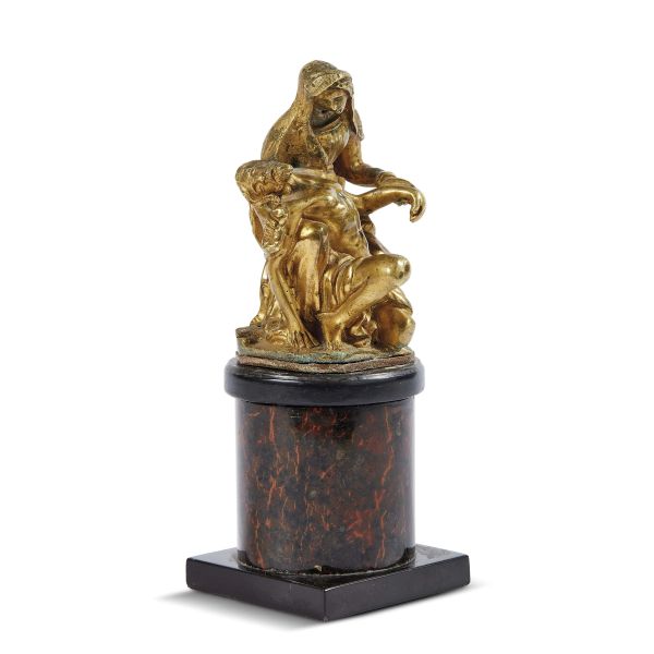 Neoclassical period, Piet&agrave;, gilt bronze, h. 8,5 cm on a marble base, 15x6x7 cm (overall)