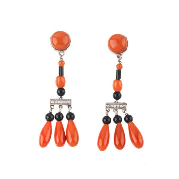 CORAL ONYX AND DIAMOND DROP EARRINGS IN 18KT WHITE GOLD