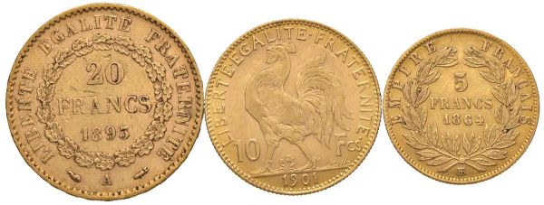 FRANCIA. TRE MONETE D&rsquo;ORO DA 20, 10 E 5 FRANCHI