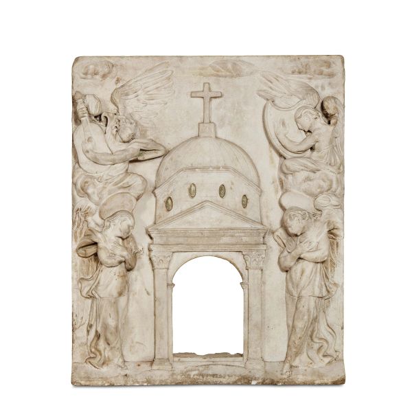 Tuscany, 16th century, A ciborium front, carved in relief marble, 92x74x18 cm
