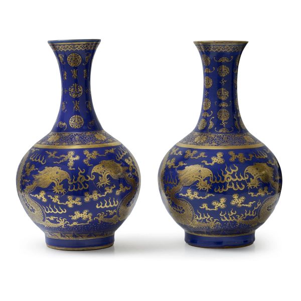 



A PAIR OF SACRIFICIAL BLUE-GROUND GILT-DECORATED PORCELAIN VASES, CHINA, QING DYNASTY, SEC. XIX