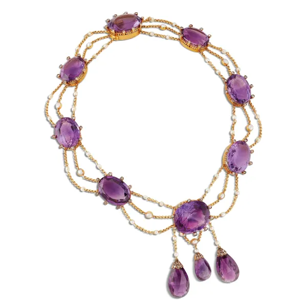 



AMETHYST PEARL AND DIAMOND CHANDELIER NECKLACE IN 9KT GOLD