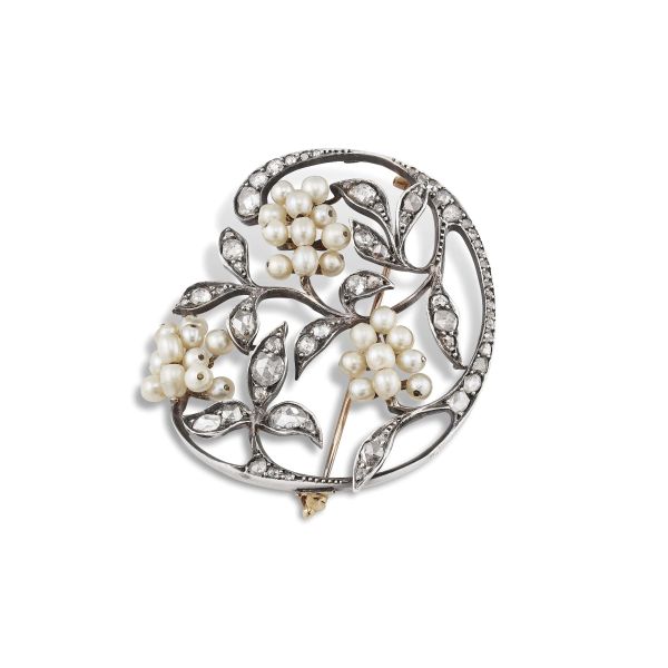 FLOWERING BRANCH PEARL AND DIAMOND BROOCH IN SILVER AND GOLD