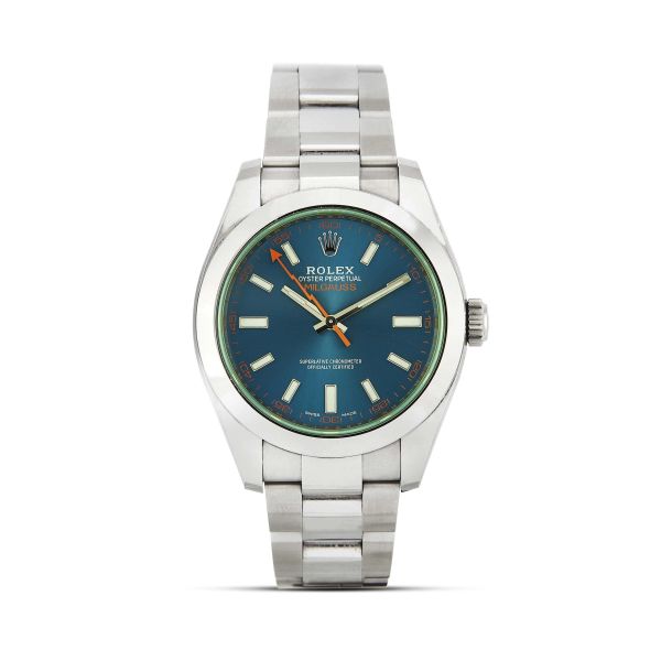 Rolex - ROLEX MILGAUSS REF. 116400 STAINLESS STEEL WRISTWATCH WITH BLUE DIAL AND GREEN GLASS