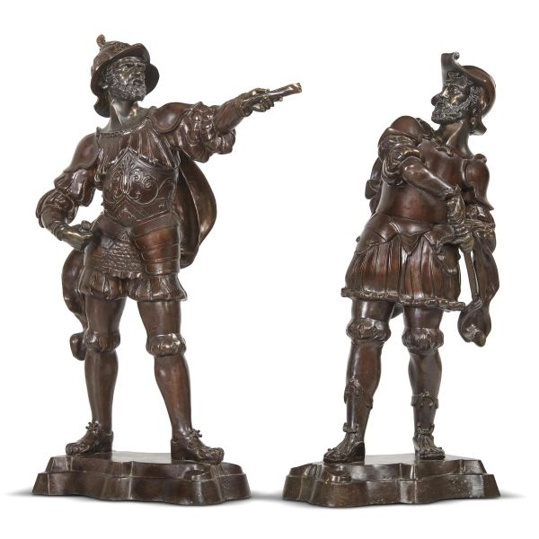 Ferdinand Barbedienne (France 1810 - 1892), Figures of French Soldiers, bronze,  103,5x63x32 cm and 99x42x30 cm