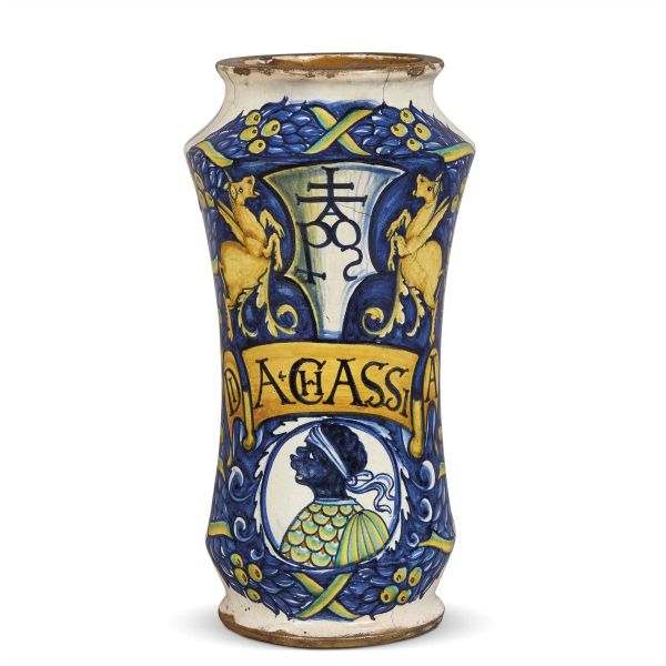 A PHARMACY JAR (ALBARELLO), DERUTA, FIRST QUARTER OF 16TH CENTURY