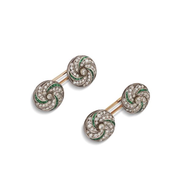 SPIRAL EMERALD AND DIAMOND CUFFLINKS IN GOLD AND SILVER