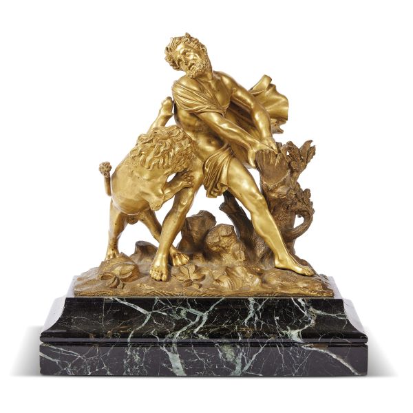 French, 18th century, Hercules and the Nemean Lion, gilt bronze on a green marme base, 29x27x14,5 cm  [..]