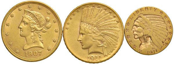      STATI UNITI. DUE MONETE DA 10 DOLLARI (1907 LIBERTY, 1911 INDIANO) E UNA DA 5 DOLLARI 1911 INDIANO 