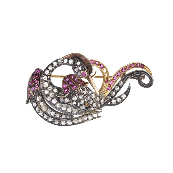 



RUBY AND DIAMOND BIRD-SHAPED BROOCH IN GOLD AND SILVER 