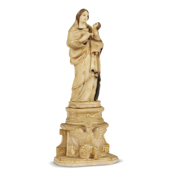 Southern Italy, 18th century, Mandonna with the Child, alabaster, polychrome and gilt decorations, on a base with eagle holding a coat of arms, 33x13x8,4 cm