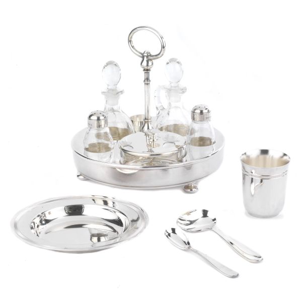 CHRISTOFLE, A SILVER PLATED METAL CRUET, CHILDREN DISH, SPOON AND GLASS AND A EGG SPOON