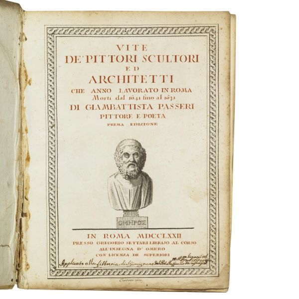 PASSERI, Giovanni Battista.   Vite de&rsquo; pittori scultori ed architetti che anno lavorato in Roma morti dal 1641 fino al 1673.   In Roma, presso Gregorio Settari, 1772