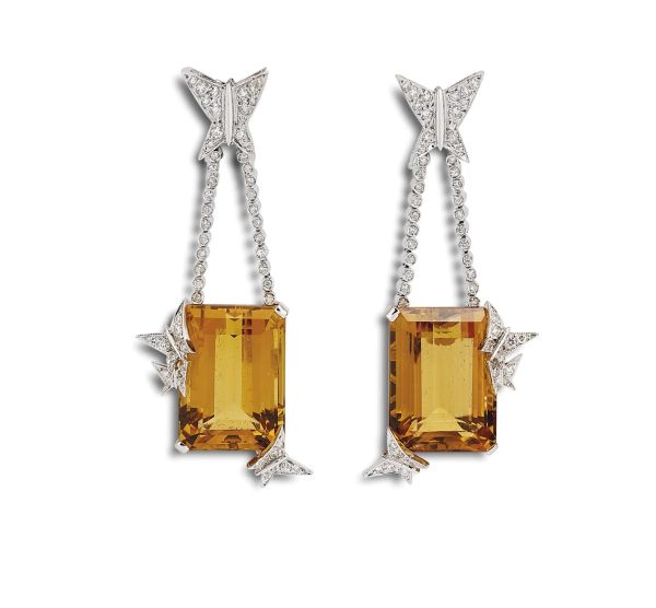 LONG CITRINE QUARTZ AND DIAMOND DROP EARRINGS IN 18KT WHITE GOLD