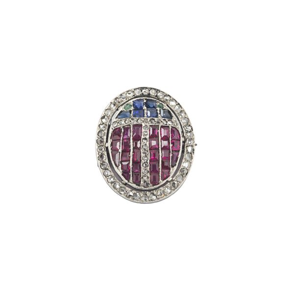 



DIAMOND, RUBY AND SAPPHIRE OVAL BROOCH IN LOW TITLE WHITE GOLD AND SILVER