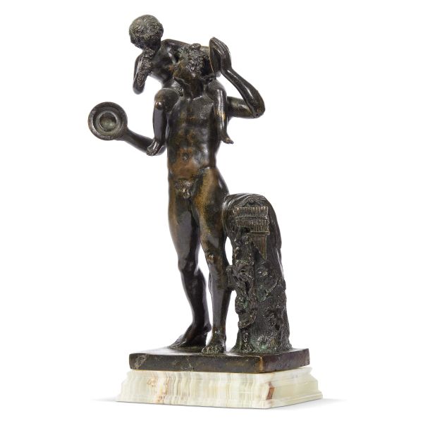 Central Italy, 18th century, Satyr with child Dionysus, bronze, Satyr portrayed while holding on his shoulders a child Dionysus, 29x13x9,5 cm, on a onyx base (base 3x14x10 cm)