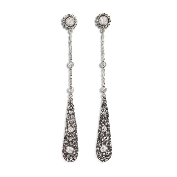 LONG FLORAL DIAMOND DROP EARRINGS IN SILVER AND GOLD