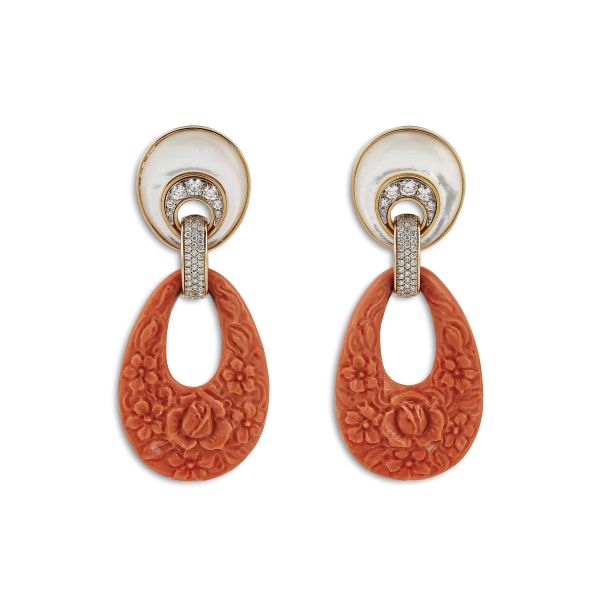 LONG CORAL MOTHER OF PEARL AND DIAMOND DROP EARRINGS IN 18KT ROSE GOLD