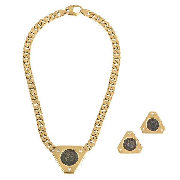 DIAMOND AND MEDAL DEMI PARURE IN 18KT YELLOW GOLD