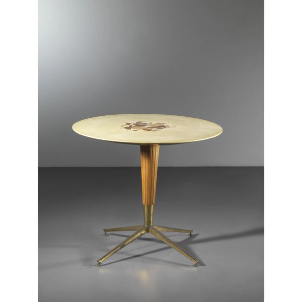 ROUND CENTER TABLE, METAL AND WOODEN STRUCTURE, TOP COVERED BY PERGAMENA AND WOOD