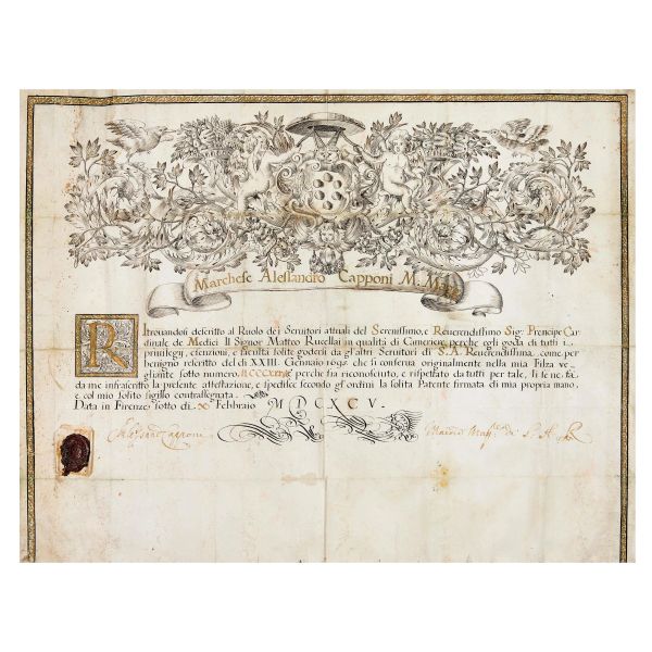 Capponi, Alessandro. Patente per Matteo Rucellai. Firenze, 1695.
