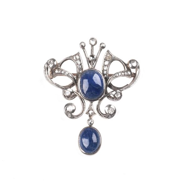 SAPPHIRE AND DIAMOND CLUSTER BROOCH IN GOLD AND SILVER