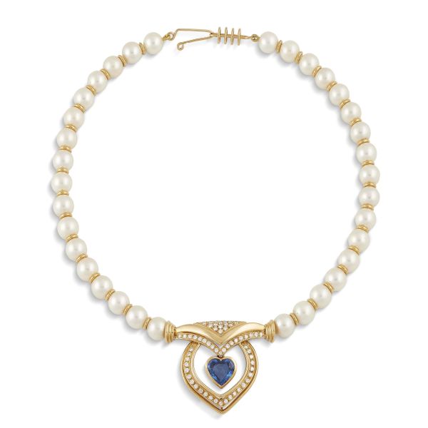 ANSUINI PEARL SAPPHIRE AND DIAMOND NECKLACE IN 18KT YELLOW GOLD