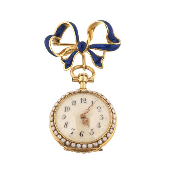 HENRY LEWIS &amp; CO. SMALL YELLOW GOLD POCKET WATCH WITH ENAMELS AND A BOW BROOCH