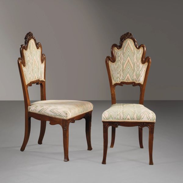 



TWO WOODEN CHAIRS, GREEN AND PINK FABRIC UPHOLSTERED SEATS 