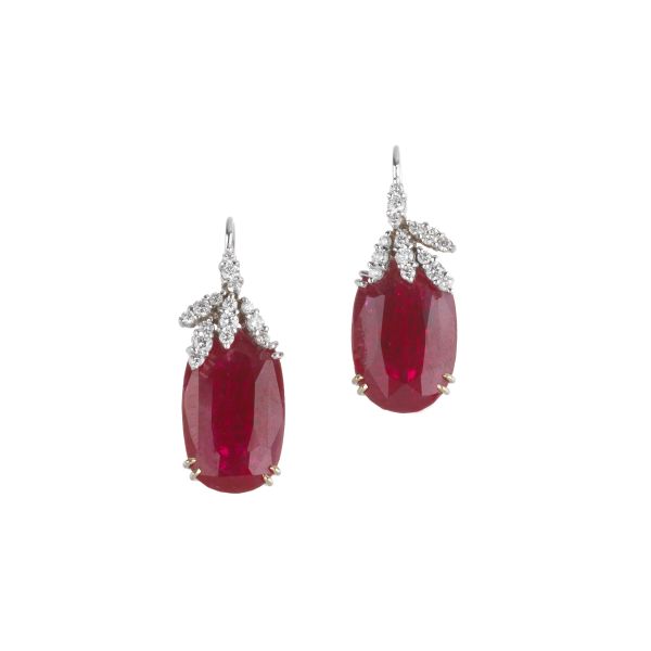 LEAD GLASS FILLED RUBY AND DIAMOND DROP EARRINGS IN 18KT WHITE GOLD