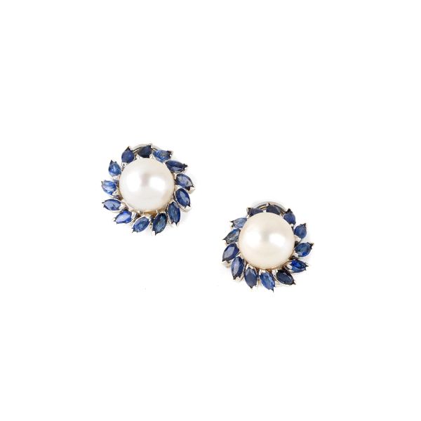 PEARL AND SAPPHIRE FLORAL STUD EARRINGS IN 18KT WHITE GOLD