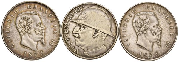      SAVOIA TRE MONETE. 5 LIRE VITTORIO EMANUELE III 1872 Roma (2), 20 LIRE ELMETTO 1928 Roma 