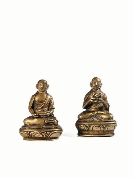  Due piccoli Buddha , sec. XIX,  in ottone alt. cm 7