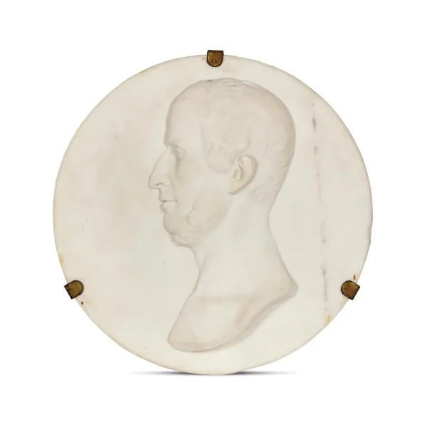 Tuscan sculptor, 19th century, medallion with male portrait, white marble