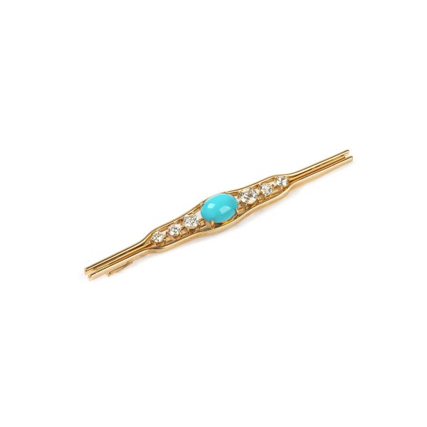 



TURQUOISE PASTE AND DIAMOND BARRETTE BROOCH IN 18KT YELLOW GOLD