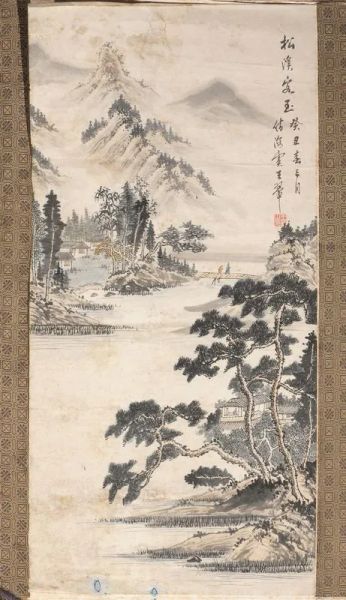 Dipinto Cina sec. XX, su carta, raffigurante paesaggio con pino e fiume da Wang Hui, cm 88.5x43