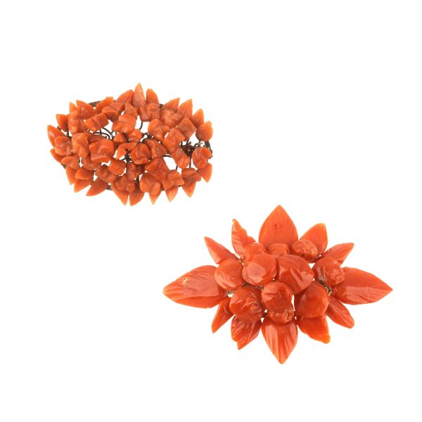 TWO CORAL CLUSTER BROOCHES IN METAL