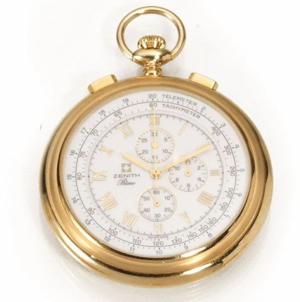 Orologio da tasca con cronografo, Zenith Prime Chronograph, Ref. 30.0020.420, anni '90, in oro giallo 18 kt, con scatola e controscatola