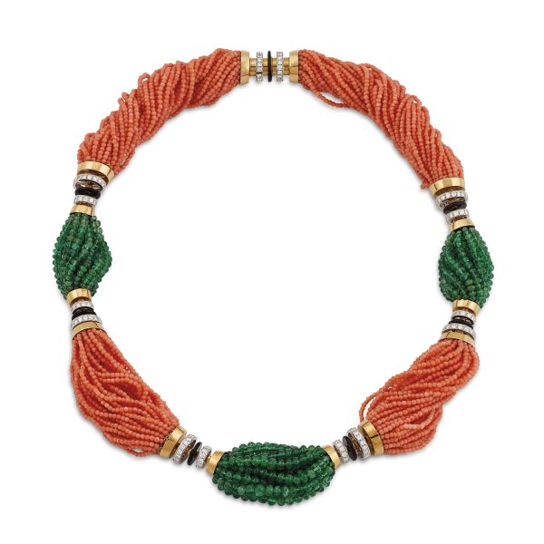 Scavia - SCAVIA ROSE CORAL AND EMERALD NECKLACE IN 18KT TWO TONE