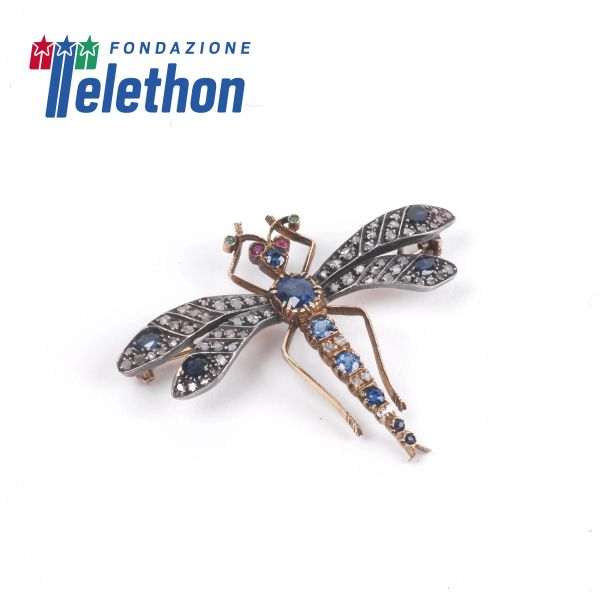 MULTI GEM DRAGONFLY BROOCH IN SILVER AND GOLD