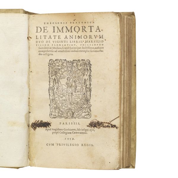 Marsilio Ficino - (Filosofia)   FICINO Marsilio.   Theologia Platonica de immortalitate animorum duo de viginti libris  . Parisiis: apud Aegidium Gorbinum, 1559.