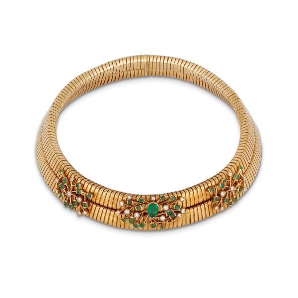 Weingrill - WEINGRILL EMERALD AND DIAMOND TUBOGAS NECKLACE IN 18KT YELLOW GOLD