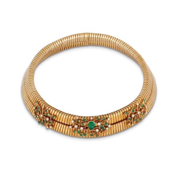 WEINGRILL EMERALD AND DIAMOND TUBOGAS NECKLACE IN 18KT YELLOW GOLD